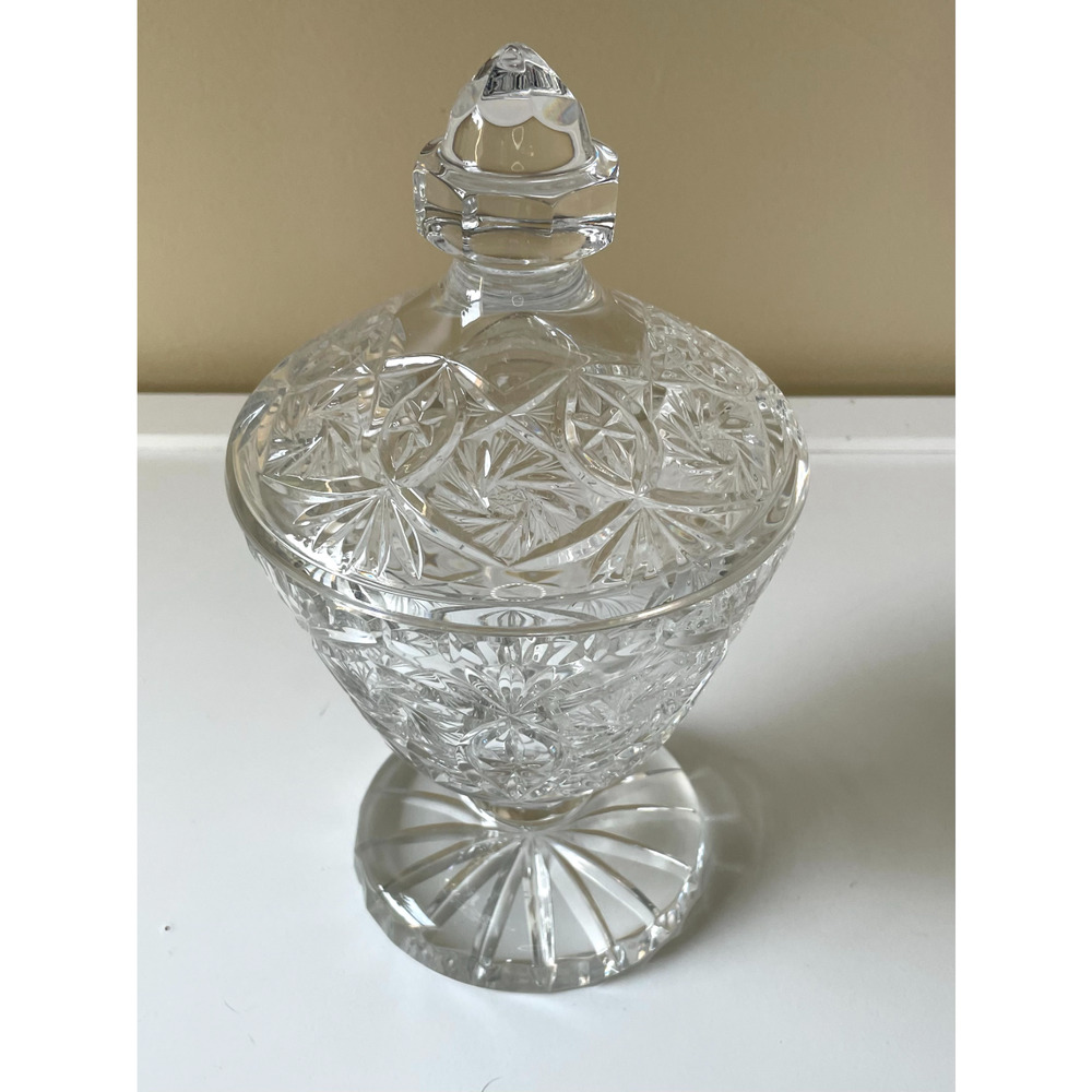 MCM Etched Lead Crystal Footed Pedestal Bowl with Lid 10.5 Inches Tall